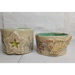 Art Pottery Crock Custard Cup Salt Cellar Signed GF Set Of 2